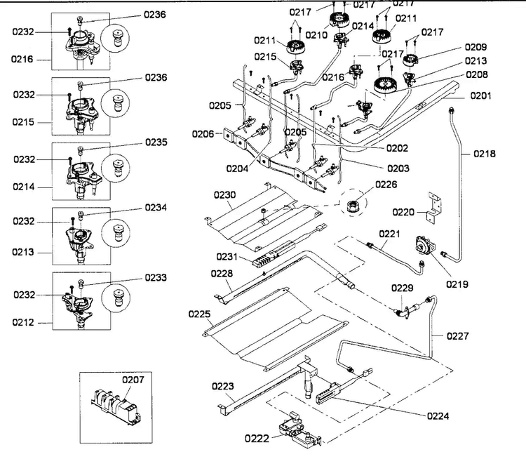 Burners Assy Diagram and Parts List for HGS3053UC 01 Bosch Range