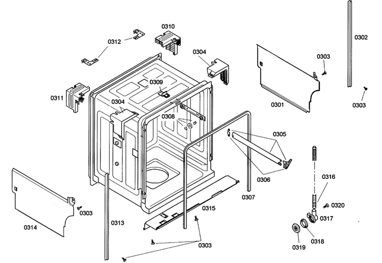 Cabinet Diagram and Parts List for SHE42L16UC 38 Bosch Dishwasher