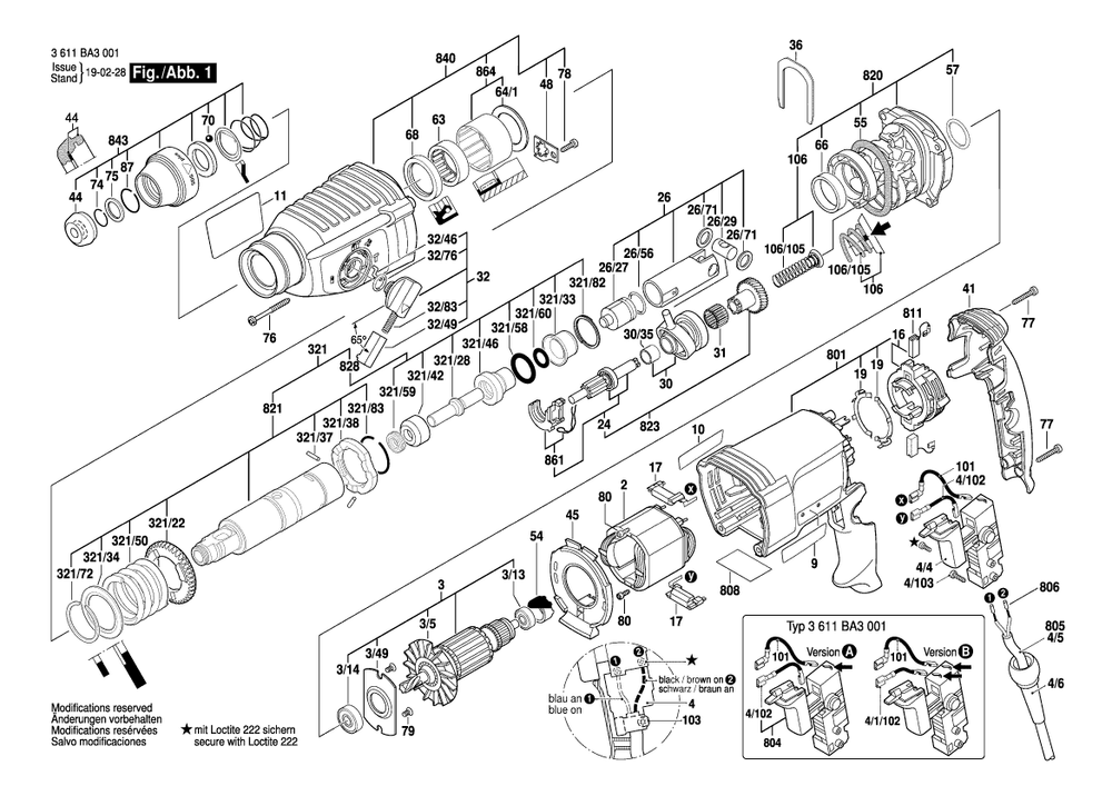 Diagram 1 Diagram and Parts List for GBH2-26 3 611 BA3 031 Bosch Hammer Drill