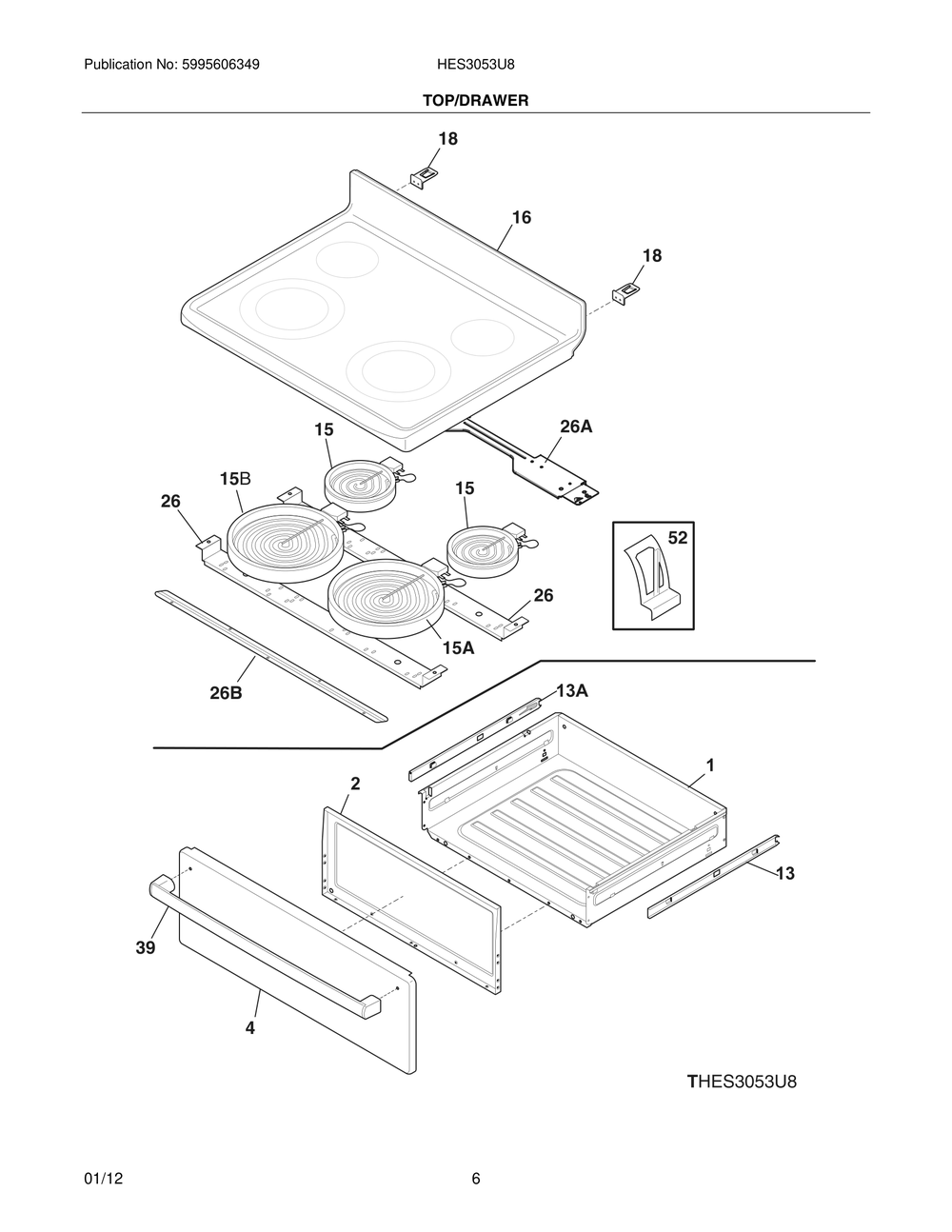 Top/Drawer Diagram and Parts List for HES3053U8  Bosch Range