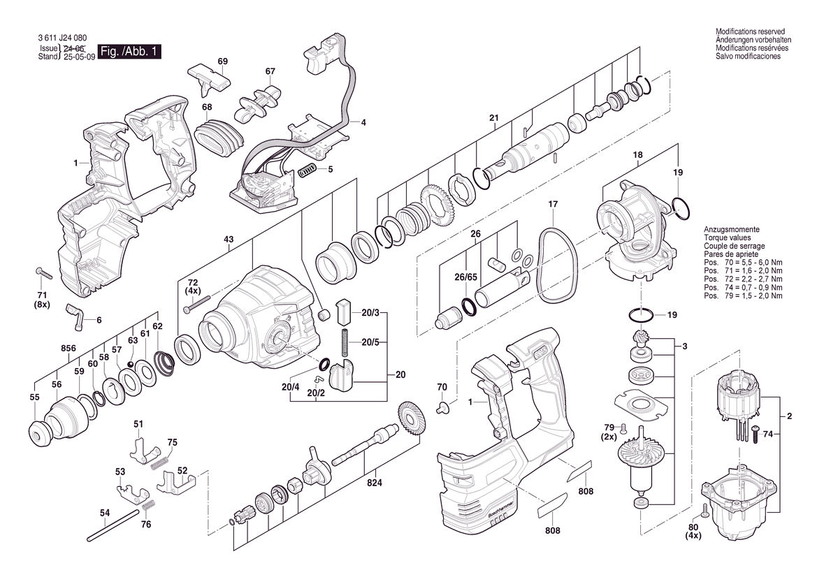 Figure 1 Diagram and Parts List for 3611J24010 GBH18V-22N Bosch Hammer Drill