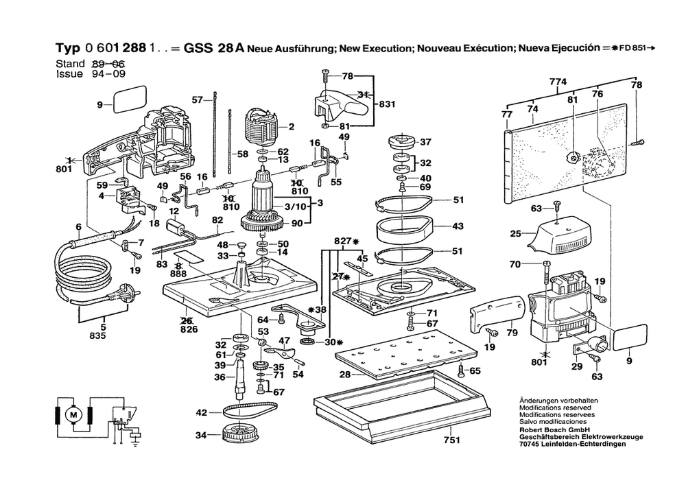 Section 1 Diagram and Parts List for 0601288134  Bosch Orbital or Palm Sander