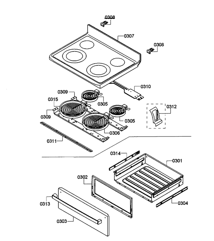 Drawer/top Assy Diagram and Parts List for HES3053U 09 Bosch Range