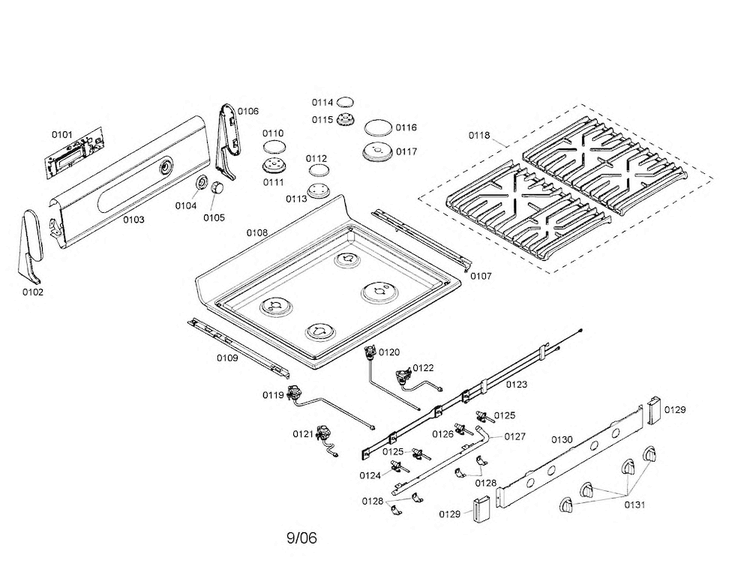 Cooktop Diagram and Parts List for HGS5042UC 01 Bosch Range