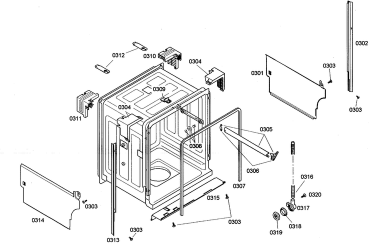 Cabinet Diagram and Parts List for SHE44C05UC 43 Bosch Dishwasher