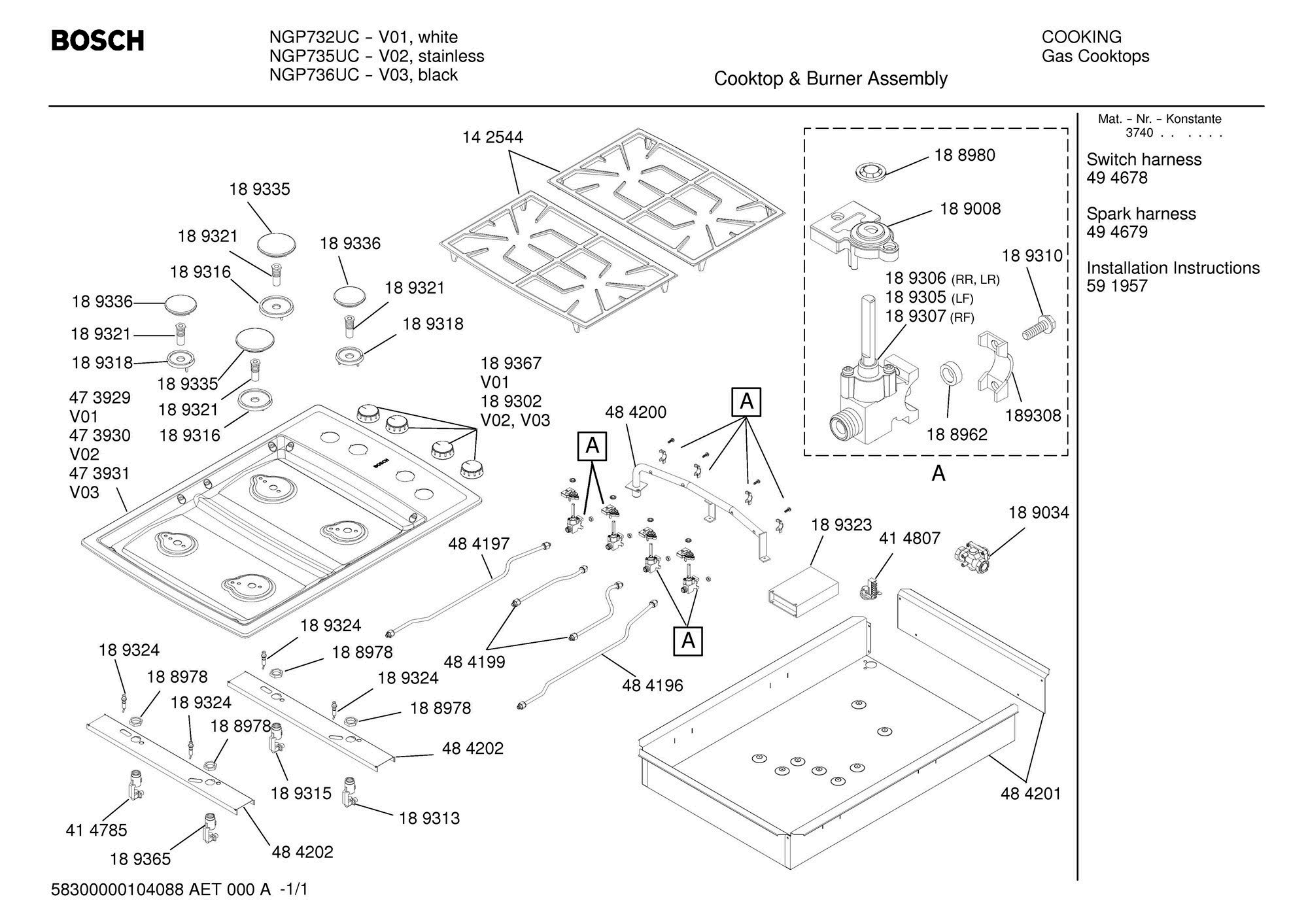 01 - COMPLETE Diagram and Parts List for NGP736UC(FD8202-)  Bosch Cooktop