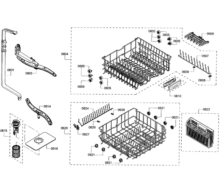 Baskets Diagram and Parts List for SHE3AR75UC 06 Bosch Dishwasher