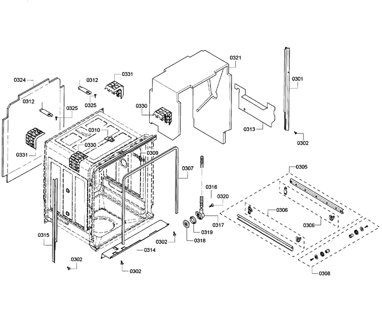 Cabinet Diagram and Parts List for SHV43R53UC 64 Bosch Dishwasher