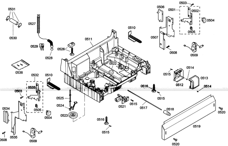 Base Assy Diagram and Parts List for SHE33M06UC 46 Bosch Dishwasher