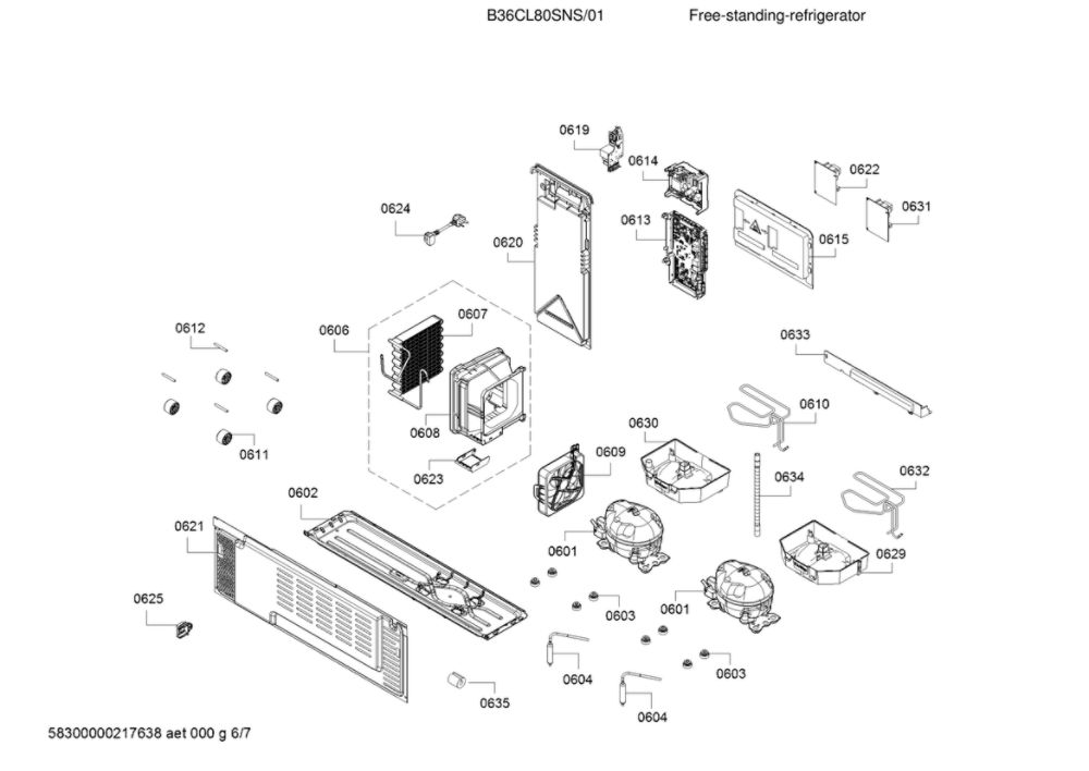 Compressor And Condenser Parts Diagram and Parts List for B36CL80SNS 01 Bosch Refrigerator