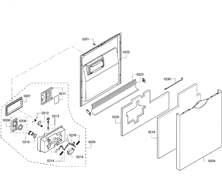 Door Assy Diagram and Parts List for SHE55M15UC 64 Bosch Dishwasher