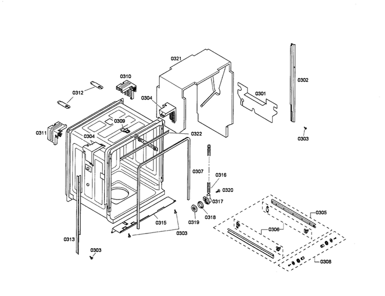 Tub Diagram and Parts List for SHX45P05UC 60 Bosch Dishwasher