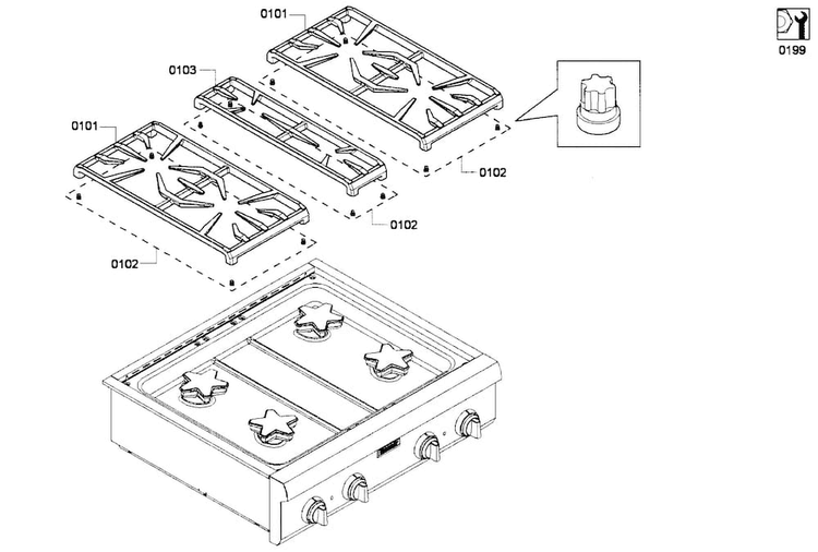 Grates Diagram and Parts List for PCG304G-01  Thermador Cooktop