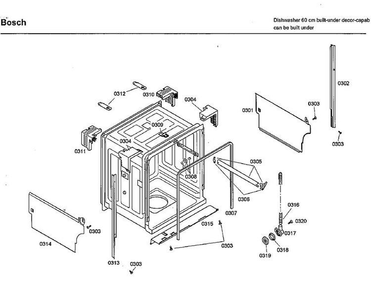 Cabinet Diagram and Parts List for SHU33A02UC 40 Bosch Dishwasher
