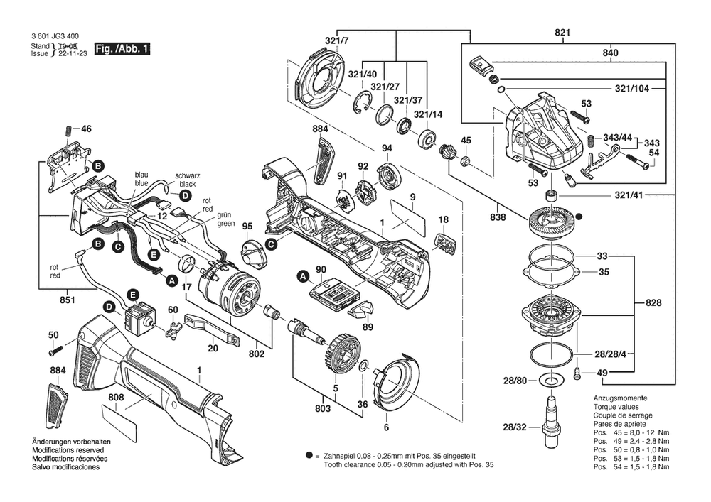 Section 1 Diagram and Parts List for 3601JG3500  Bosch Angle Grinder