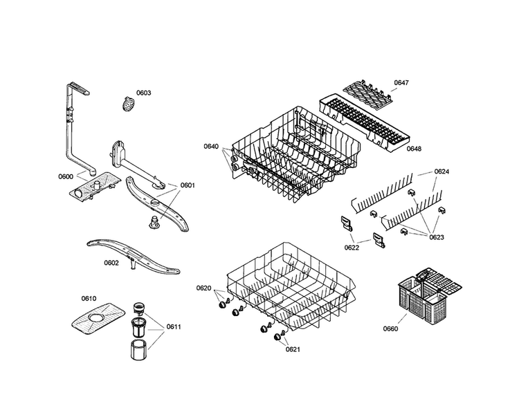 Spray Arm/racks Diagram and Parts List for SRV53C03UC 30 Bosch Dishwasher