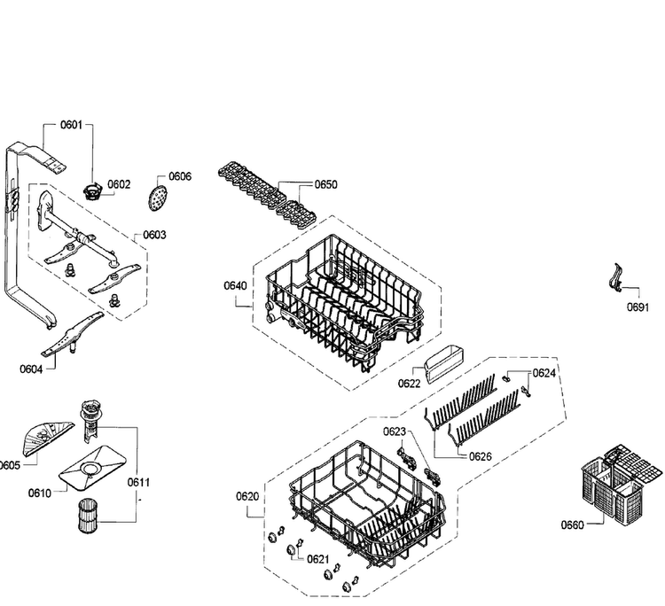 Rack Diagram and Parts List for SPE53U55UC 29 Bosch Dishwasher
