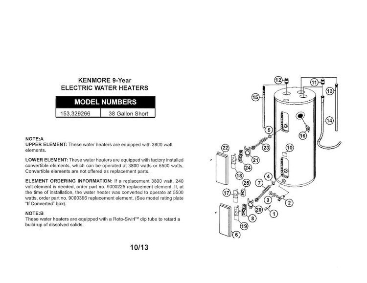 Water Heater Diagram and Parts List for 153329266  Kenmore Water Heater