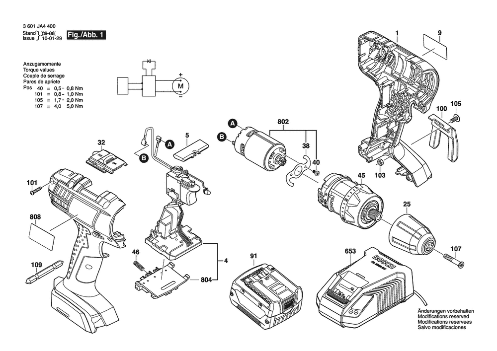 Section 1 Diagram and Parts List for 3601JA44H0  Bosch Cordless Drill