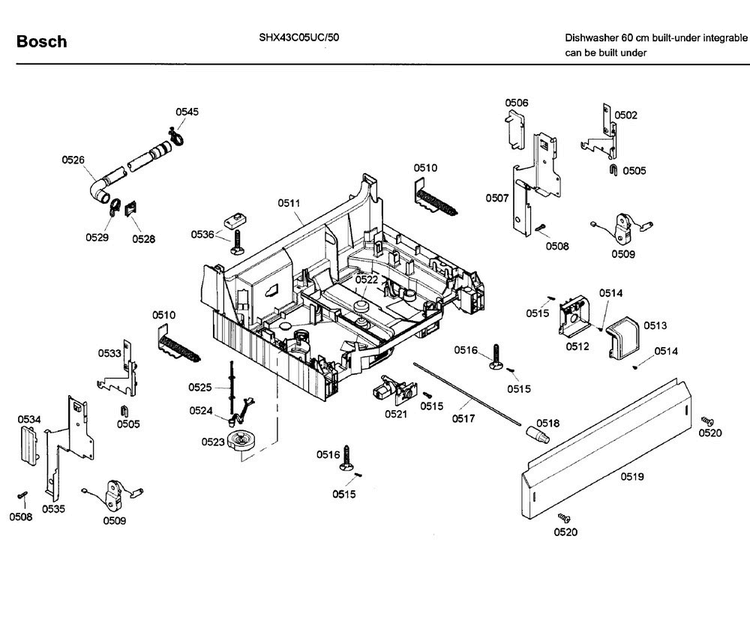 Base Diagram and Parts List for SHX43C05UC 50 Bosch Dishwasher