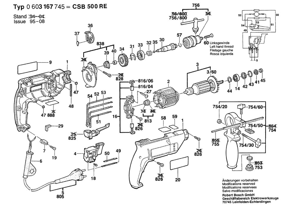 Section 1 Diagram and Parts List for CSB500RE 0603167745 Bosch Hammer Drill