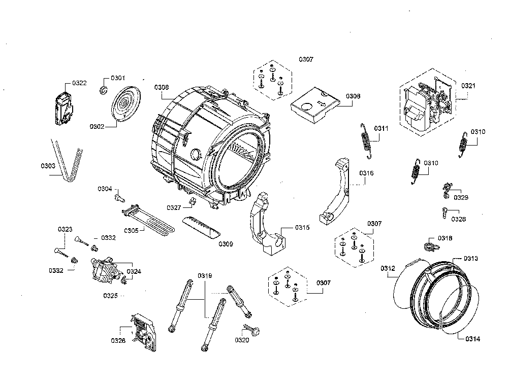 Drum/motor/power module Diagram and Parts List for WAW285H2UC 09 Bosch Washer
