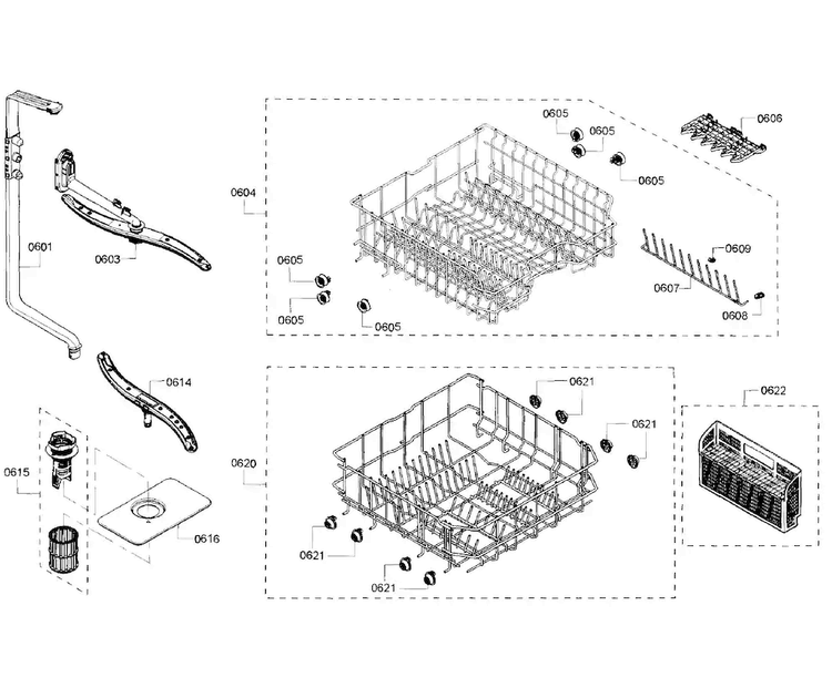 Baskets Diagram and Parts List for SHX3AR56UC 21 Bosch Dishwasher