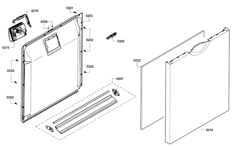 Door Diagram and Parts List for SHE3ARF2UC 12 Bosch Dishwasher