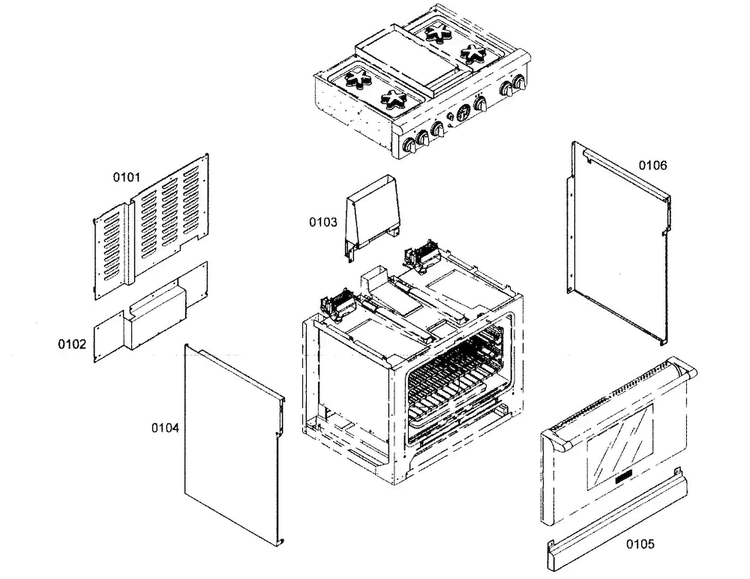 Cabinet Parts Diagram and Parts List for PRG364EDG02  Thermador Range