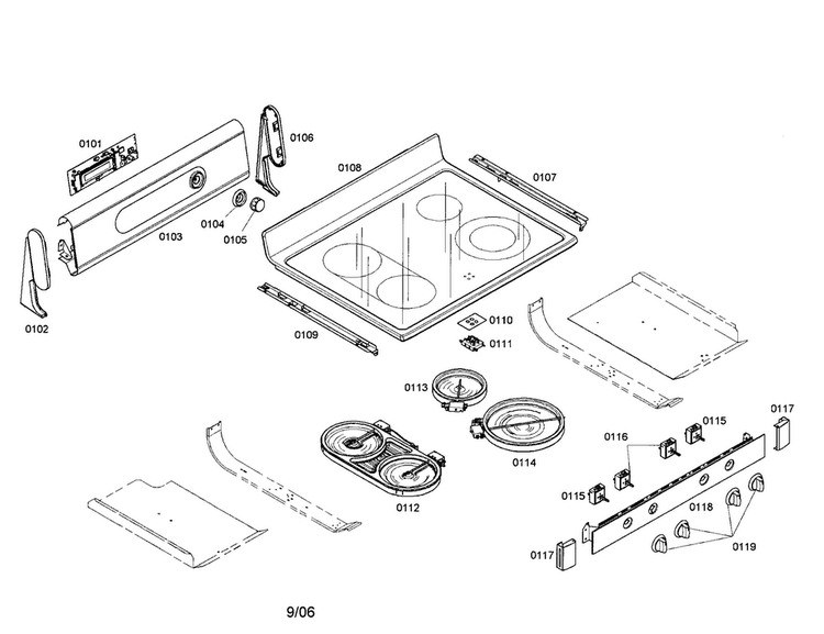 Cooktop Diagram and Parts List for HES7022U 01 Bosch Range