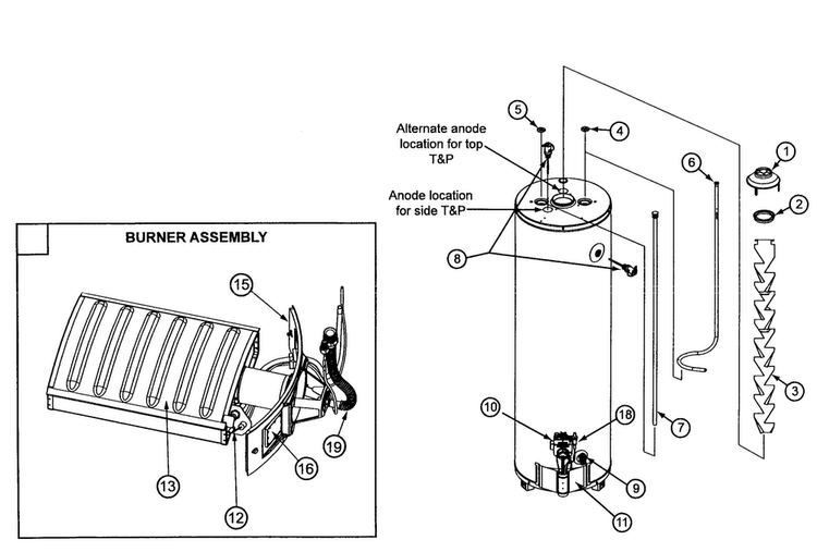 Water Heater Diagram and Parts List for 153331290  Kenmore Water Heater