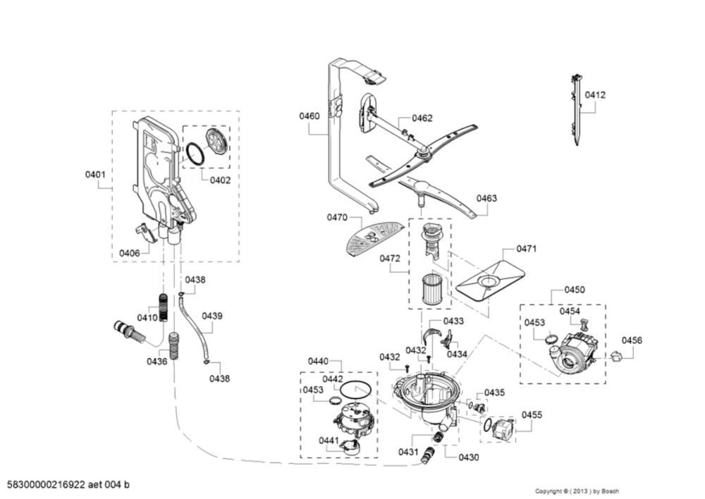 Water Inlet/Heat Pump/Spray Arm Diagram and Parts List for SHXM78Z55N 01 Bosch Dishwasher