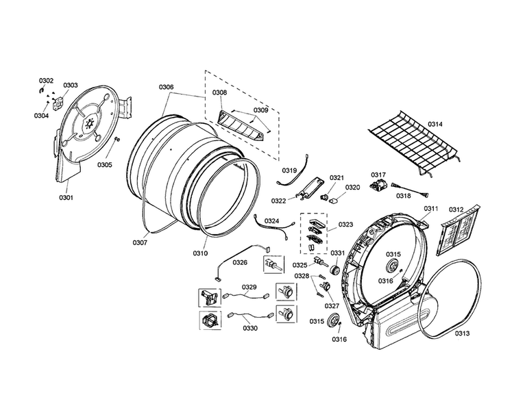 Drum Diagram and Parts List for WTMC8330US 05 Bosch Dryer