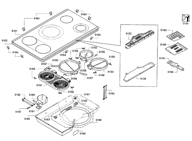Cooktop Assy Diagram and Parts List for NET8666SUC 01 Bosch Cooktop