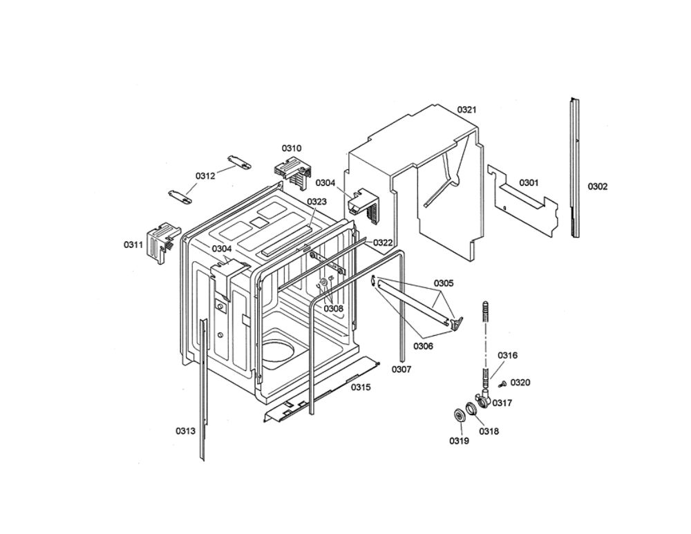 Tub Diagram and Parts List for SHE68M05UC 52 Bosch Dishwasher