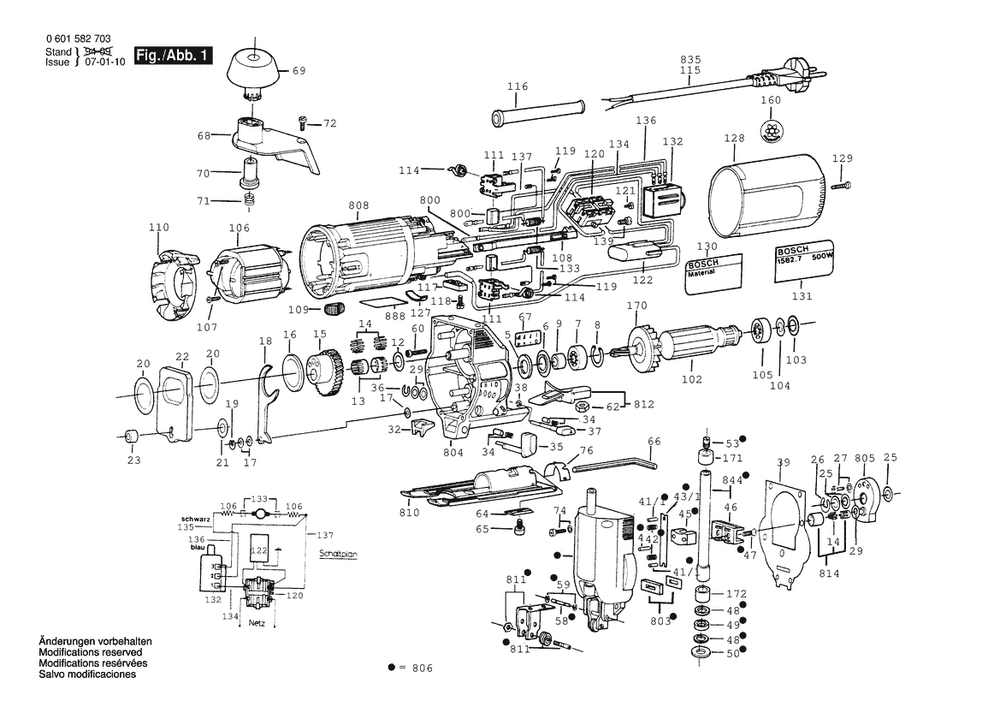 Section 1 Diagram and Parts List for 15827 0601582732 Bosch Jig Saw