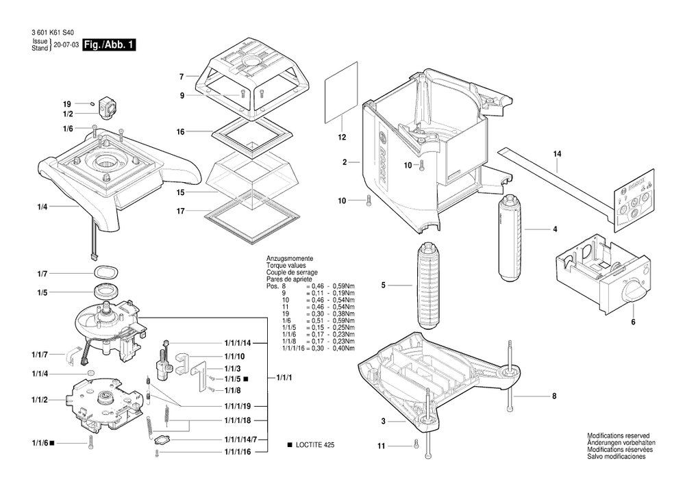 Diagram 1 Diagram and Parts List for GRL350HV 3 601 K61 S40 Bosch Laser Level