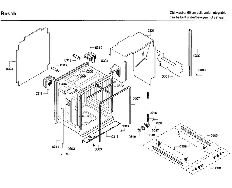 Frame Diagram and Parts List for SHV68P03UC 63 Bosch Dishwasher