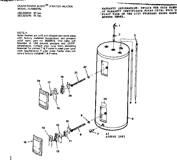 Replacement Parts Diagram and Parts List for 153315140  Kenmore Water Heater