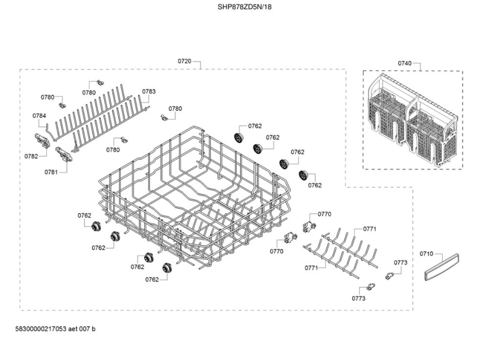 Lower Rack/Cutlery Basket Diagram and Parts List for SHP878ZD5N 18 Bosch Dishwasher