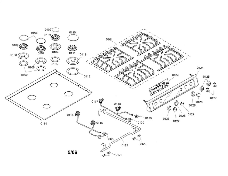 Cooktop Diagram and Parts List for HDI7052U 01 Bosch Range