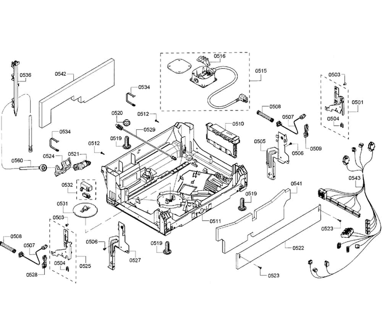 Base Assy Diagram and Parts List for SHE68T55UC 01 Bosch Dishwasher