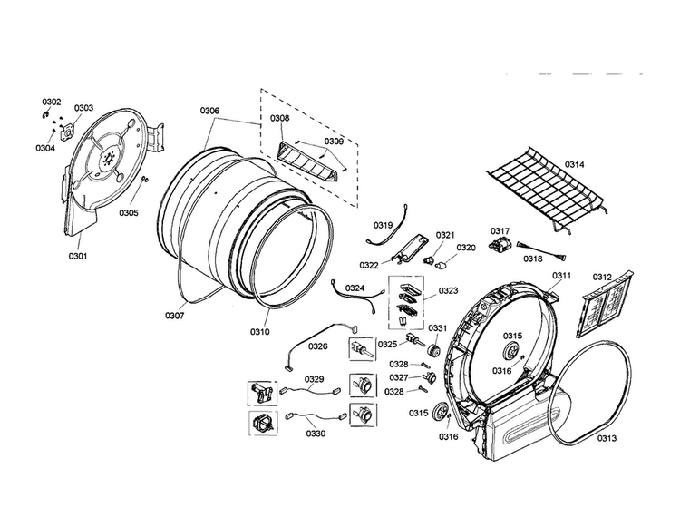 Tub Diagram and Parts List for WTMC8530UC 05 Bosch Dryer