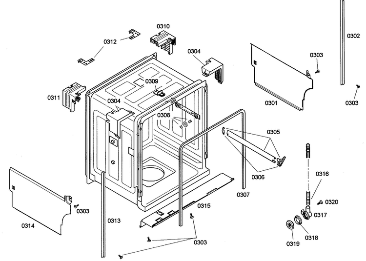 Cabinet Diagram and Parts List for SHE44C05UC 38 Bosch Dishwasher