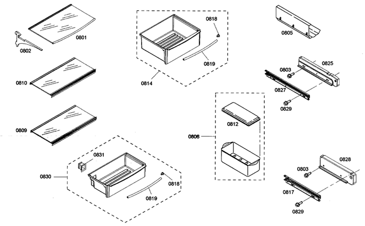 Shelf Assy 1 Diagram and Parts List for KBUDT4265E 01 Thermador Refrigerator