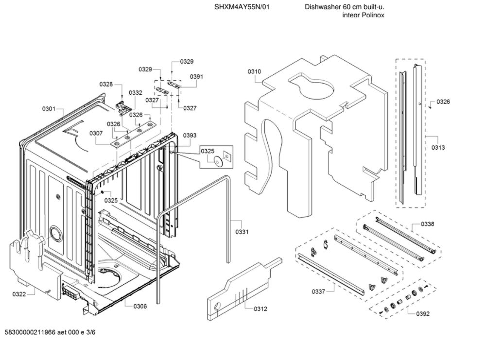 Tub/Trim Diagram and Parts List for SHXM4AY55N 01 Bosch Dishwasher