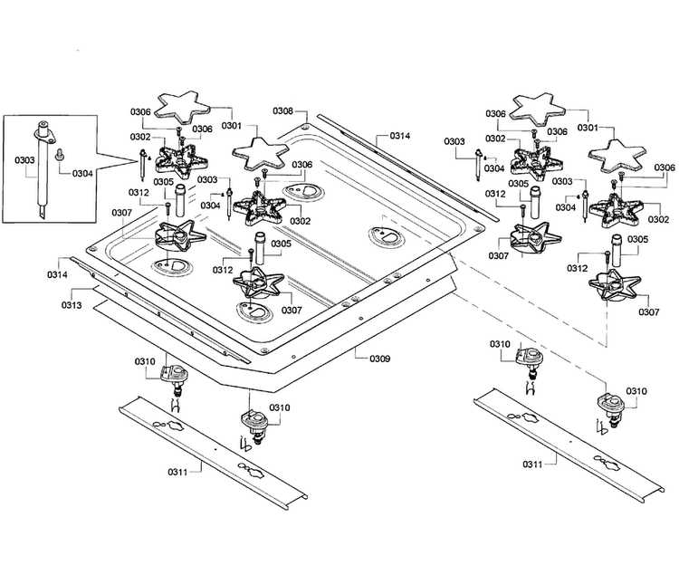 Burners Assy Diagram and Parts List for PRD304GHU 09 Thermador Range