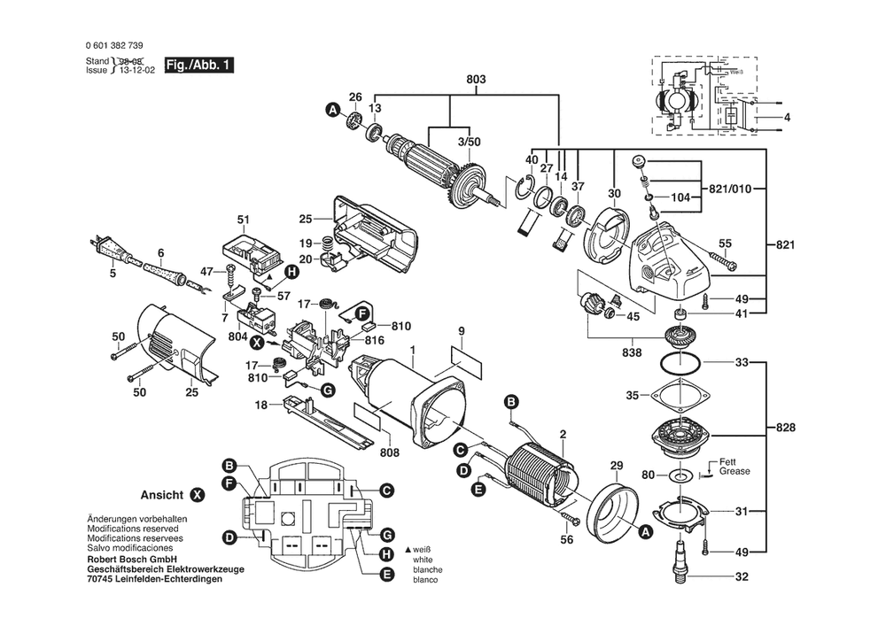 Section 1 Diagram and Parts List for GWS10-125C 0601382739 Bosch Angle Grinder