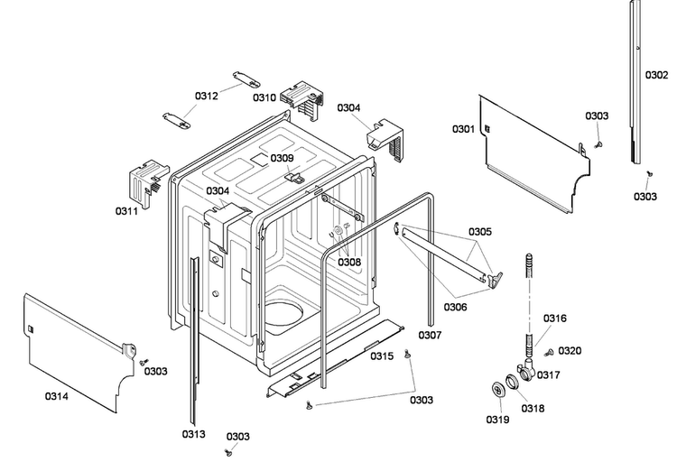 Cabinet Diagram and Parts List for SHE43F06UC 48 Bosch Dishwasher