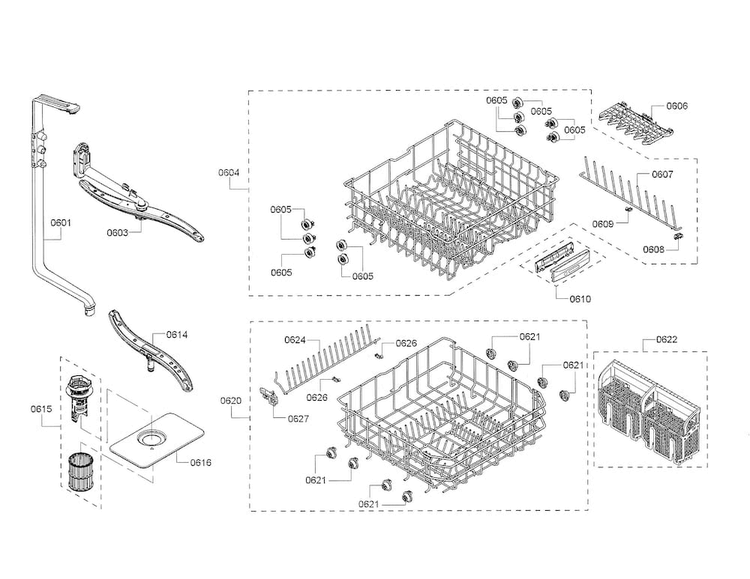 Racks/spray Arm Diagram and Parts List for SHE3ARF5UC 08 Bosch Dishwasher